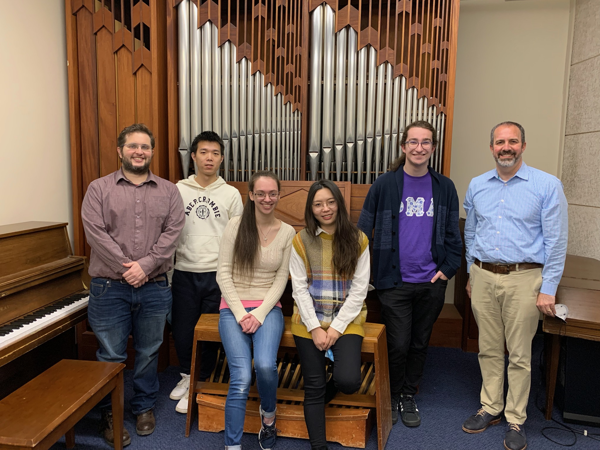 Pictured are students Igor Ferreira, Tongqing Liu, Katherine Roberts, Yuanyuan Liu, Luke Ashworth, and instructor Scott Lamlein in front of the 1986 Wolff studio organ.